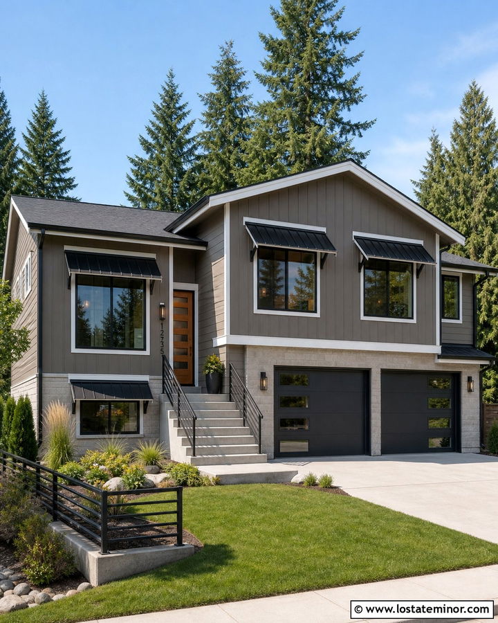 Taupe Split Level House With Charcoal Awnings - 30 Taupe House Design With Awning Ideas