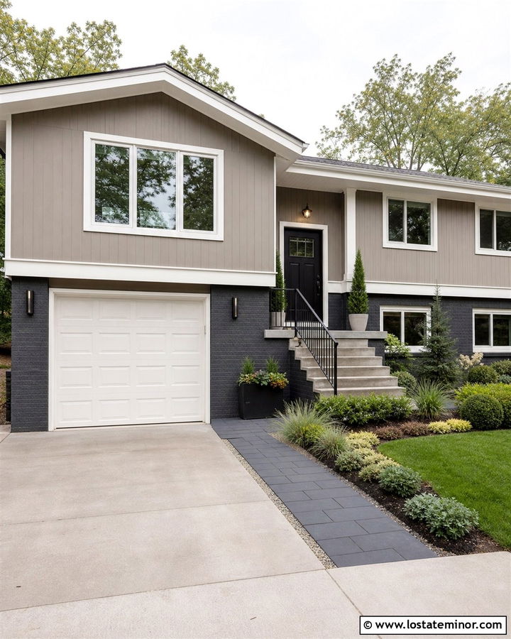 Taupe Split Level House With Charcoal Paver Walkway - 30 Taupe House Design With Walkway Ideas
