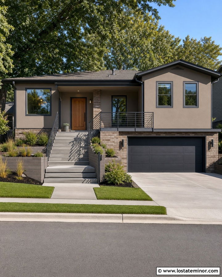Taupe Split Level House With Charcoal Railings - 30 Taupe House Design With Railings Ideas