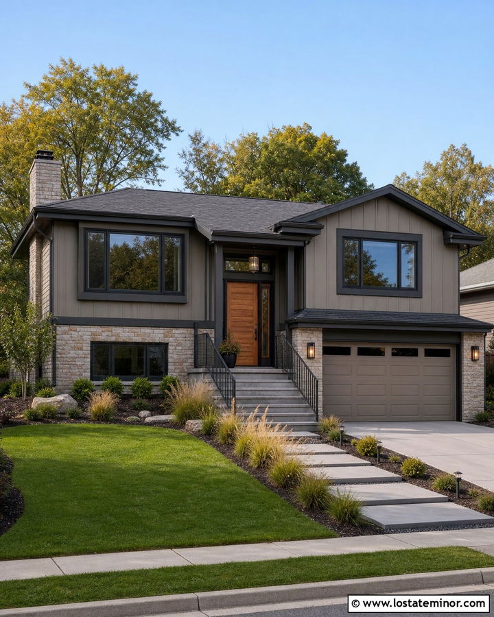 Taupe Split Level House With Charcoal Trim - 30 Taupe House Design With Trim Ideas