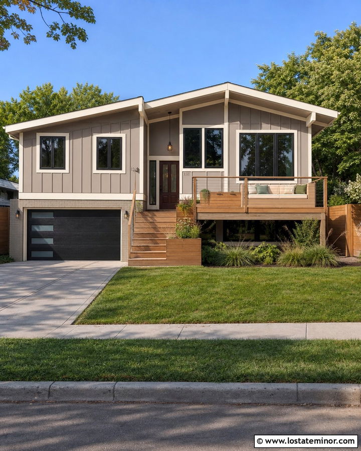 Taupe Split Level House With Deck Daybed - 30 Taupe House Design With Daybed Ideas
