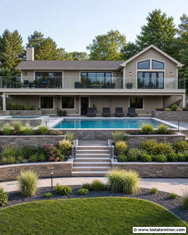 Taupe Split Level House With Elevated Pool Deck - 30 Taupe House Design With Swimming Pool Ideas