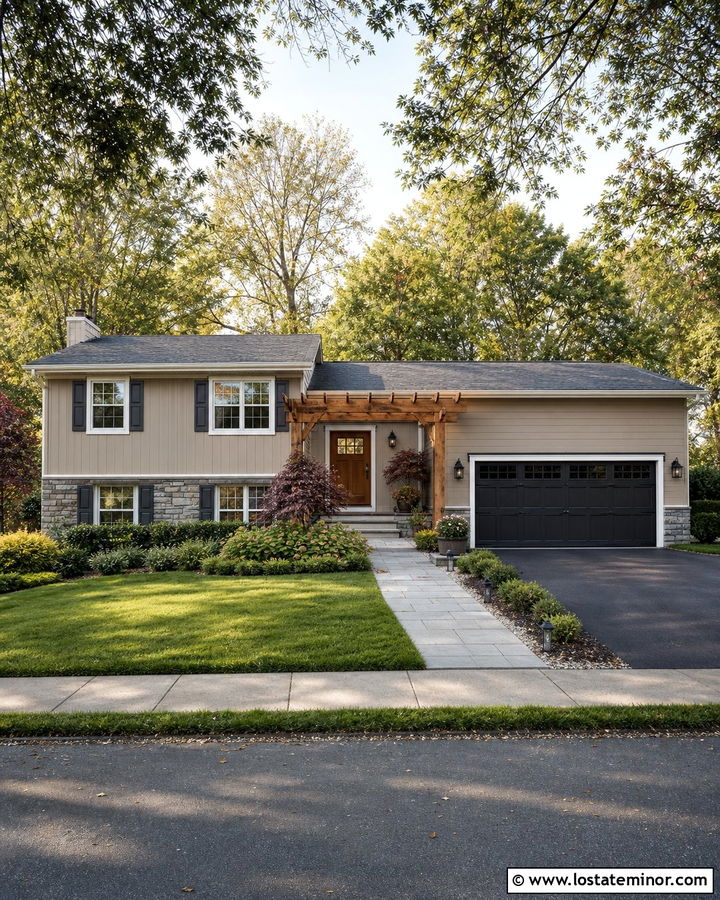 Taupe Split Level House With Entry Pergola - 30 Taupe House Design With Pergola Ideas