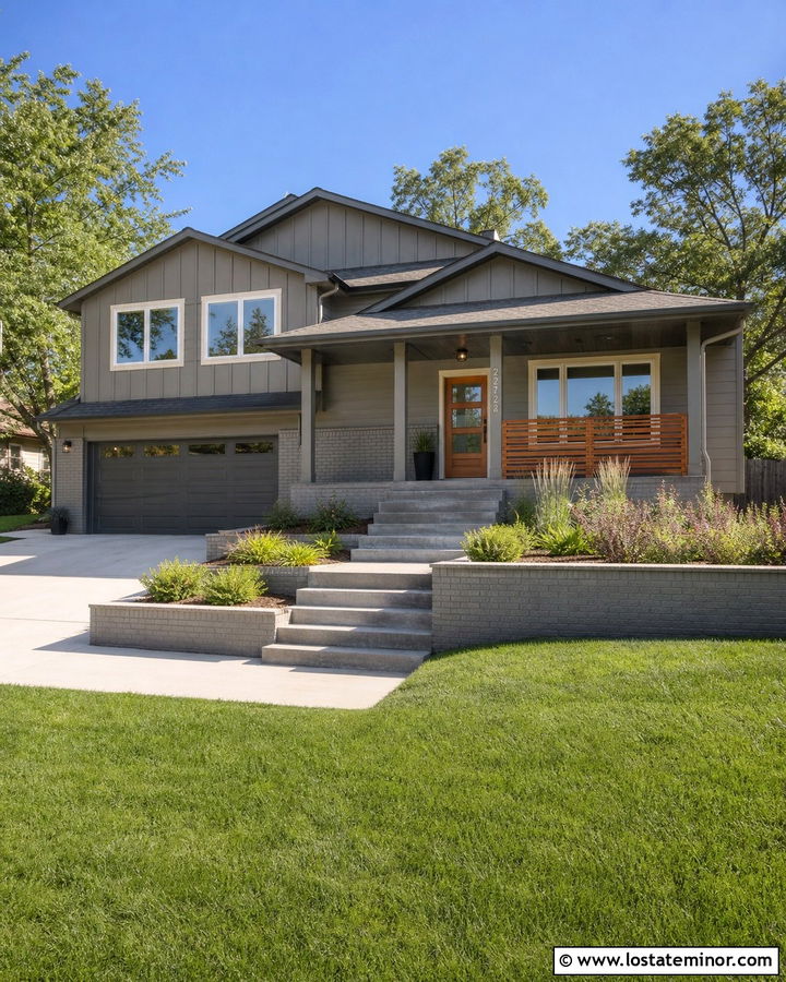 Taupe Split Level House With Layered Gables - 30 Taupe House Design With Gables Ideas