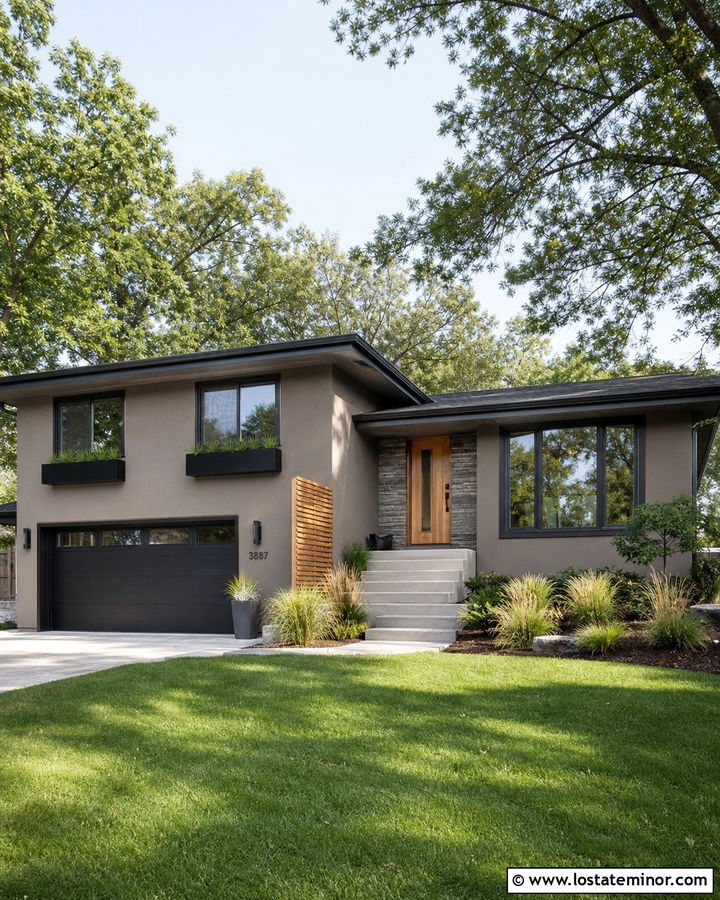 Taupe Split Level House With Modern Window Boxes - 30 Taupe House Design With Window Boxes Ideas
