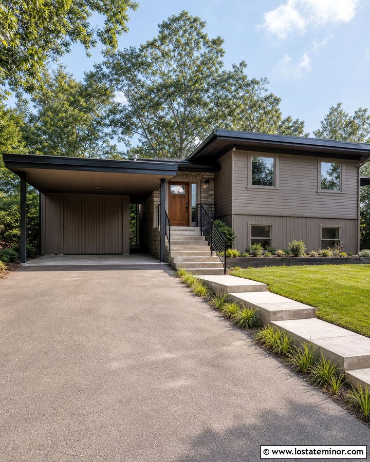 Taupe Split Level House With Storage Carport - 30 Taupe House Design With Carport Ideas
