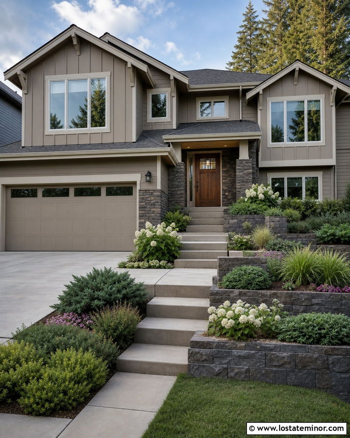 Taupe Split Level House With Tiered Landscaping - 30 Taupe House Design With Front Yard Ideas