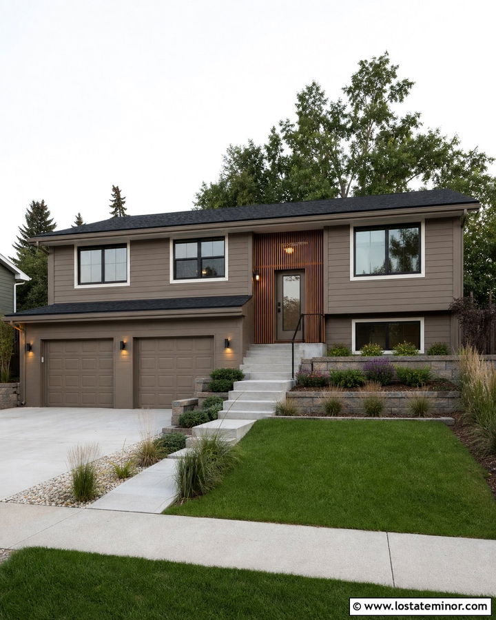 Taupe Split Level House With Up And Down Lights - 30 Taupe House Design With Light Fixtures Ideas