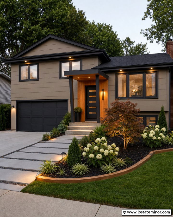 Taupe Split Level House With Updated Front Yard - 30 Taupe House Design With Landscaping Ideas