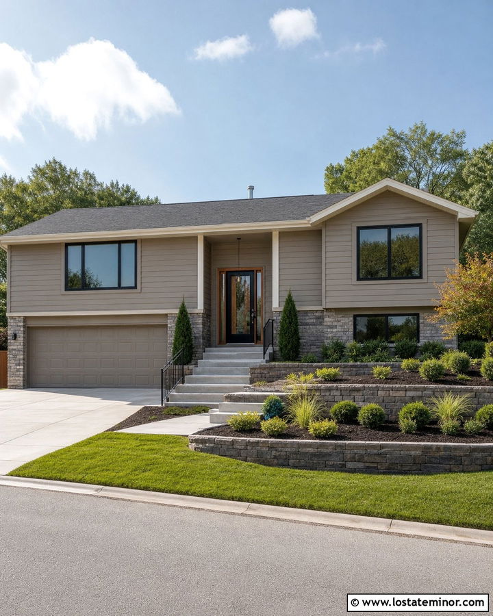 Taupe Split Level With Black Glass Storm Door - 30 Taupe House Design With Storm Door Ideas