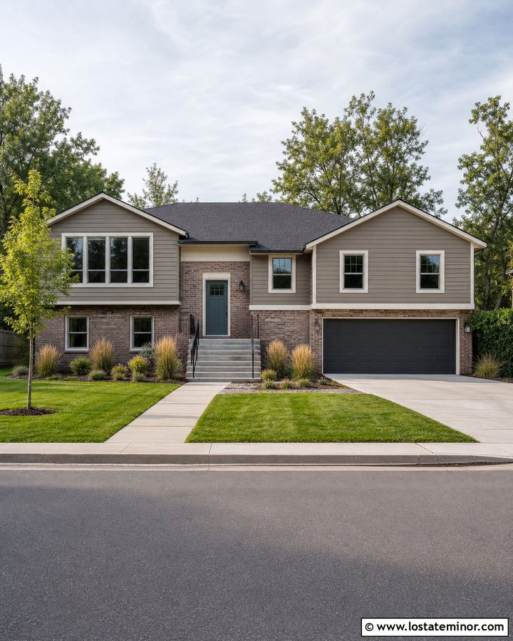 Taupe Split Level With Brick - 30 Taupe House Design With Brick Accents Ideas