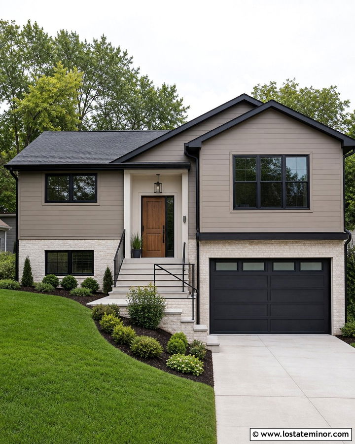 Taupe Split Level With Dark Roof - 30 Taupe House Design With Roof Ideas