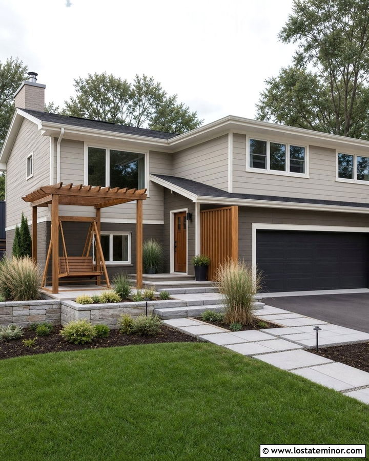 Taupe Split Level With Freestanding Swing - 30 Taupe House Design With Swing Ideas