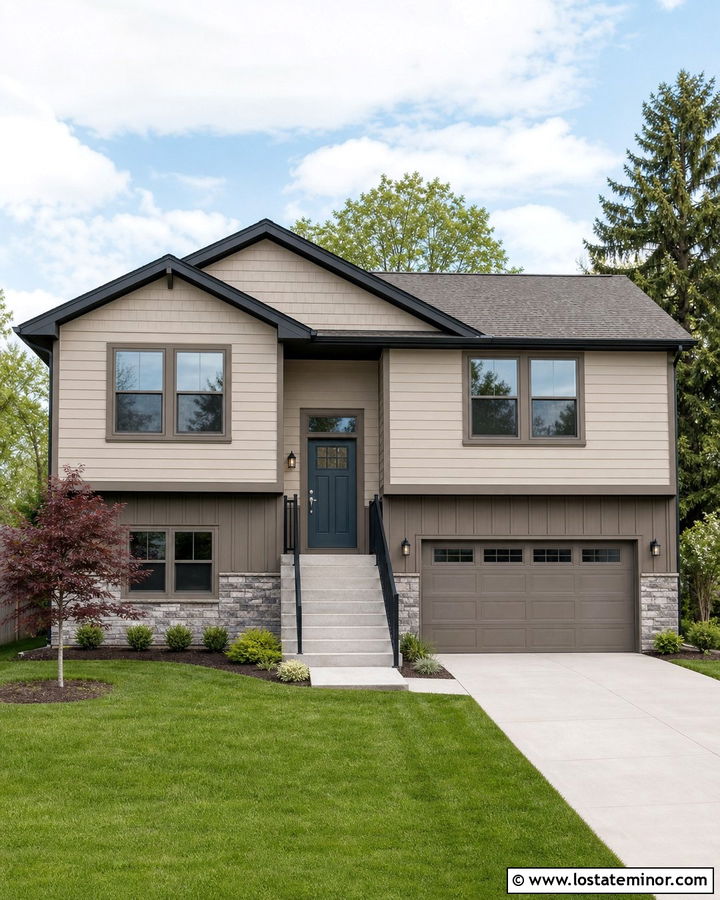 Taupe Split Level With Greige Window Frames - 30 Taupe House Design With Window Frames Ideas
