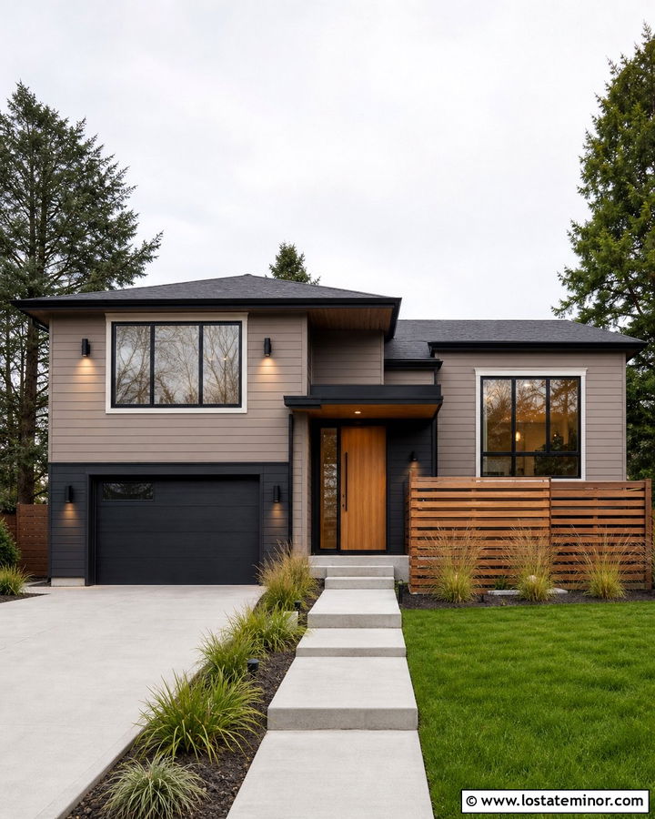 Taupe Split Level With Minimal Black Lighting - 30 Taupe House Design With Lighting Ideas