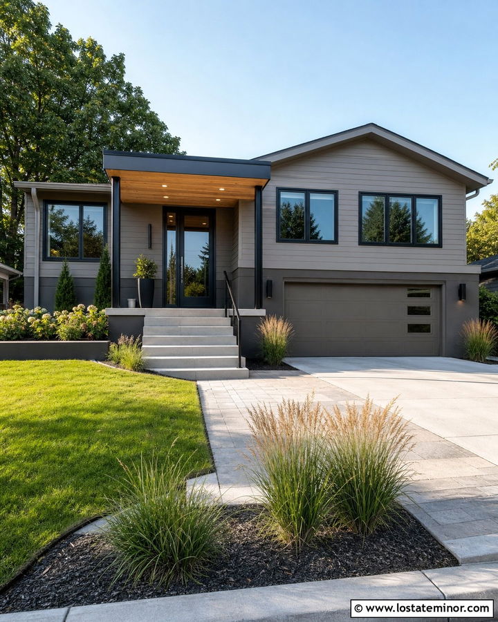Taupe Split Level With Modern Front Porch - 30 Taupe House Design With Front Porch Ideas