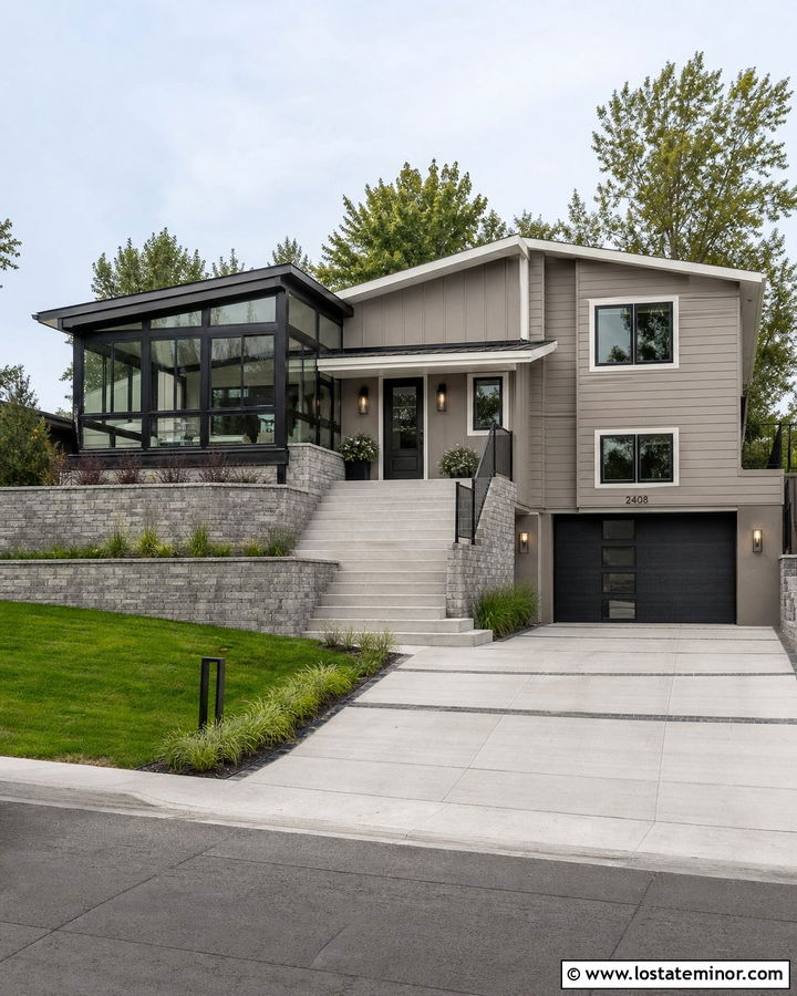 Taupe Split Level With Modern Sunroom - 30 Taupe House Design With Sunroom Ideas