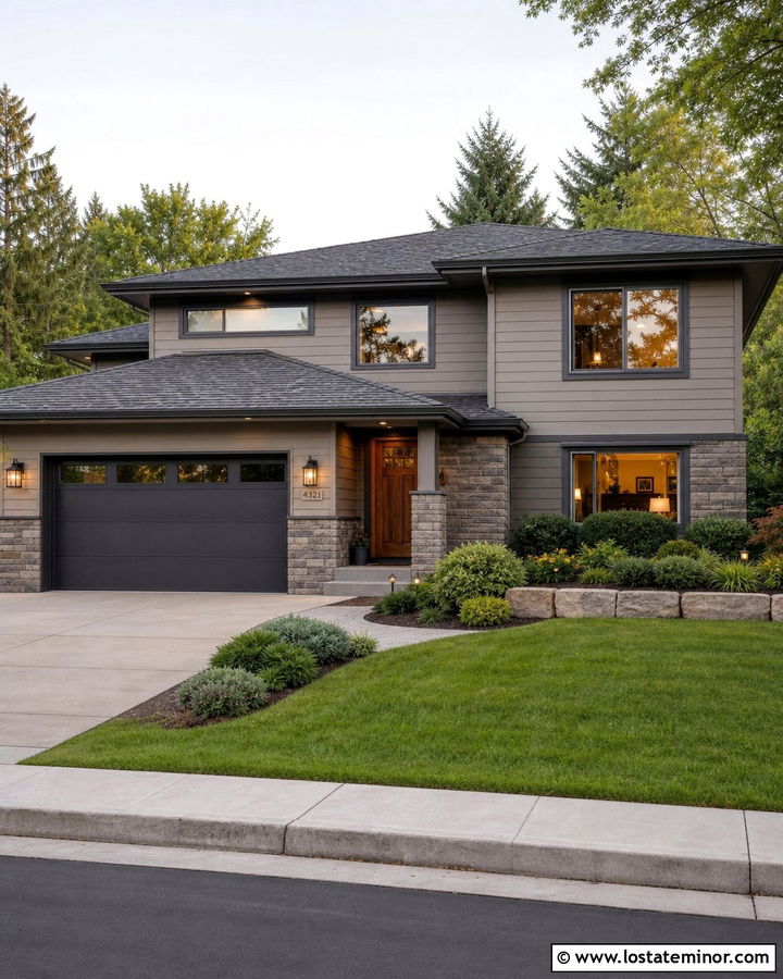 Taupe Split Level With Stone Garage - 30 Taupe House Design With Stone Accents Ideas
