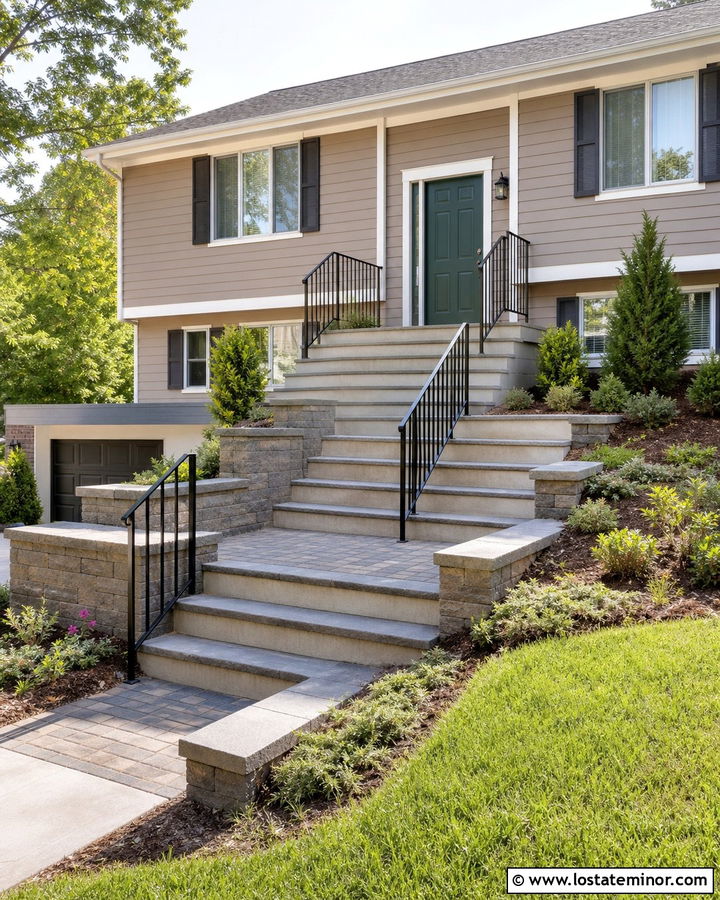 Taupe Split Level With Tiered Steps - 30 Taupe House Design With Steps Ideas