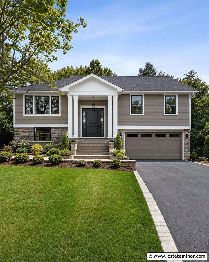Taupe Split Level With Wide Entry Portico - 30 Taupe House Design With Portico Ideas
