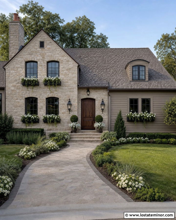 Taupe Stone House With Iron Window Boxes - 30 Taupe House Design With Window Boxes Ideas