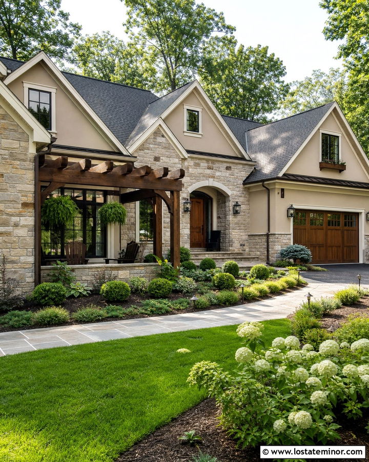 Taupe Stone House With Matching Pergola - 30 Taupe House Design With Pergola Ideas