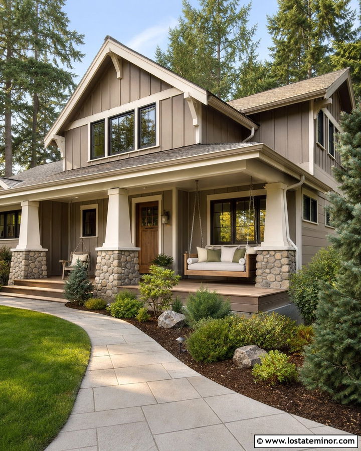 Taupe Stone House With Porch Swing Daybed - 30 Taupe House Design With Daybed Ideas