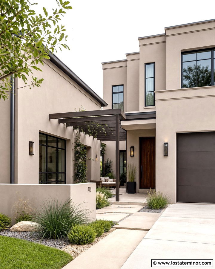 Taupe Stucco House With Aluminum Pergola - 30 Taupe House Design With Pergola Ideas