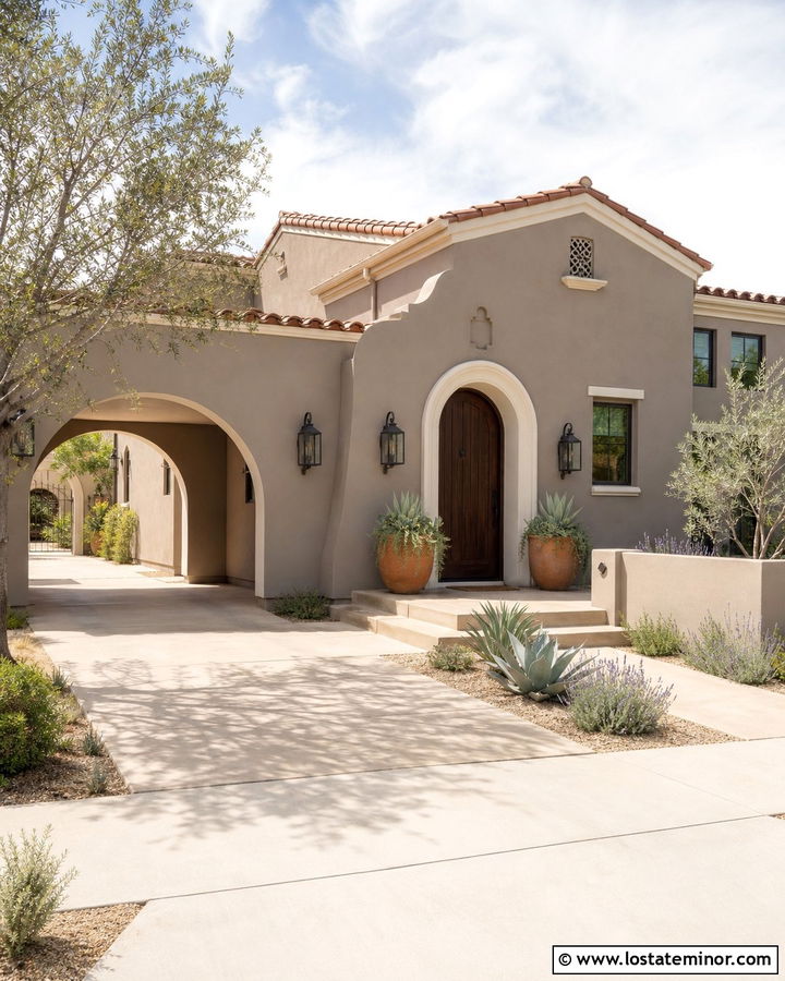 Taupe Stucco House With Arched Carport - 30 Taupe House Design With Carport Ideas