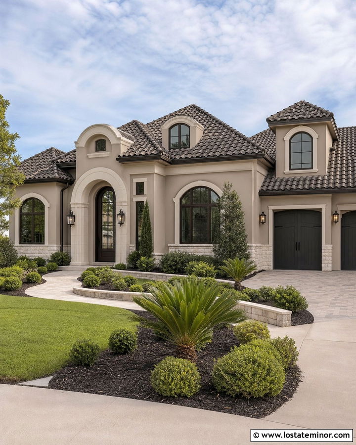 Taupe Stucco House With Arched Dormers - 30 Taupe House Design With Dormers Ideas