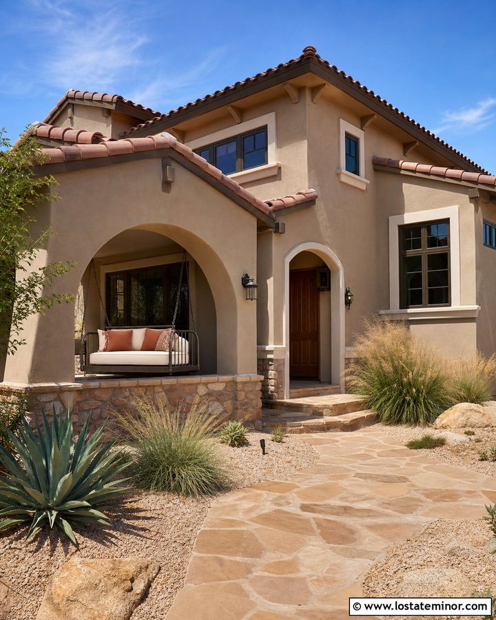 Taupe Stucco House With Black Metal Swing - 30 Taupe House Design With Swing Ideas