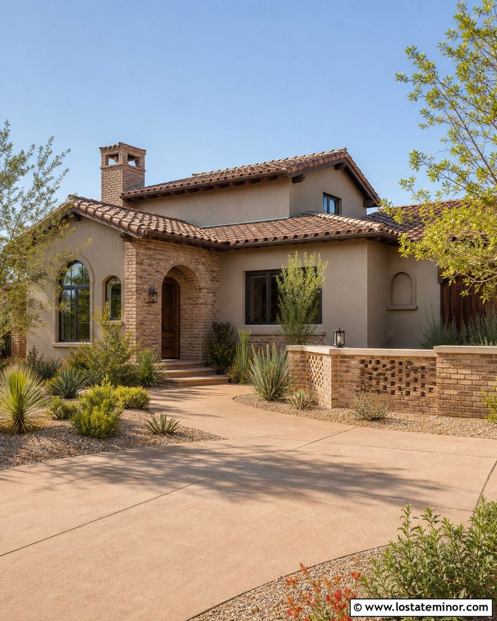 Taupe Stucco House With Brick - 30 Taupe House Design With Brick Accents Ideas