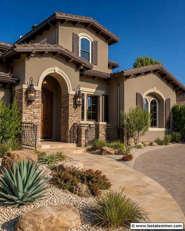 Taupe Stucco House With Bronze Shutters - 30 Taupe House Design With Shutters Ideas