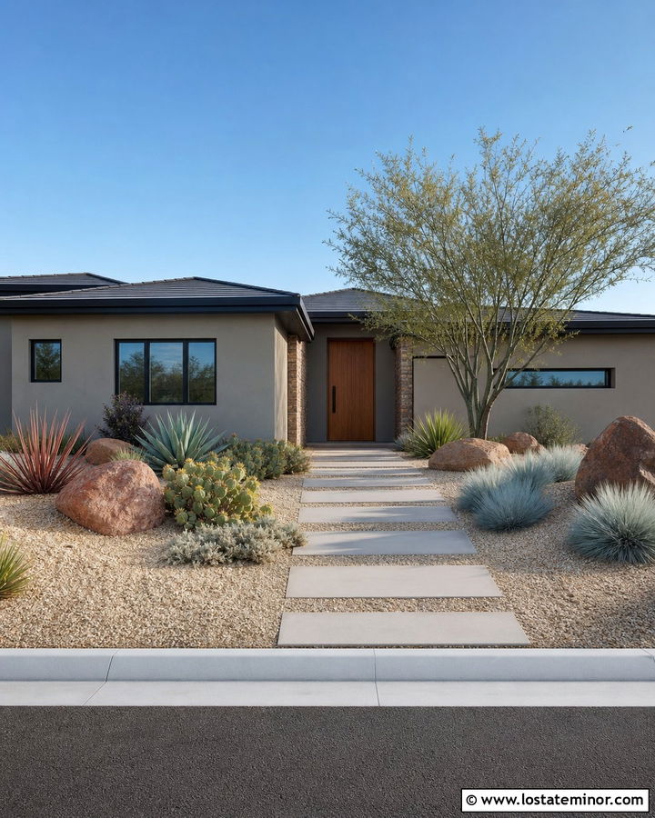 Taupe Stucco House With Desert Landscaping - 30 Taupe House Design With Front Yard Ideas