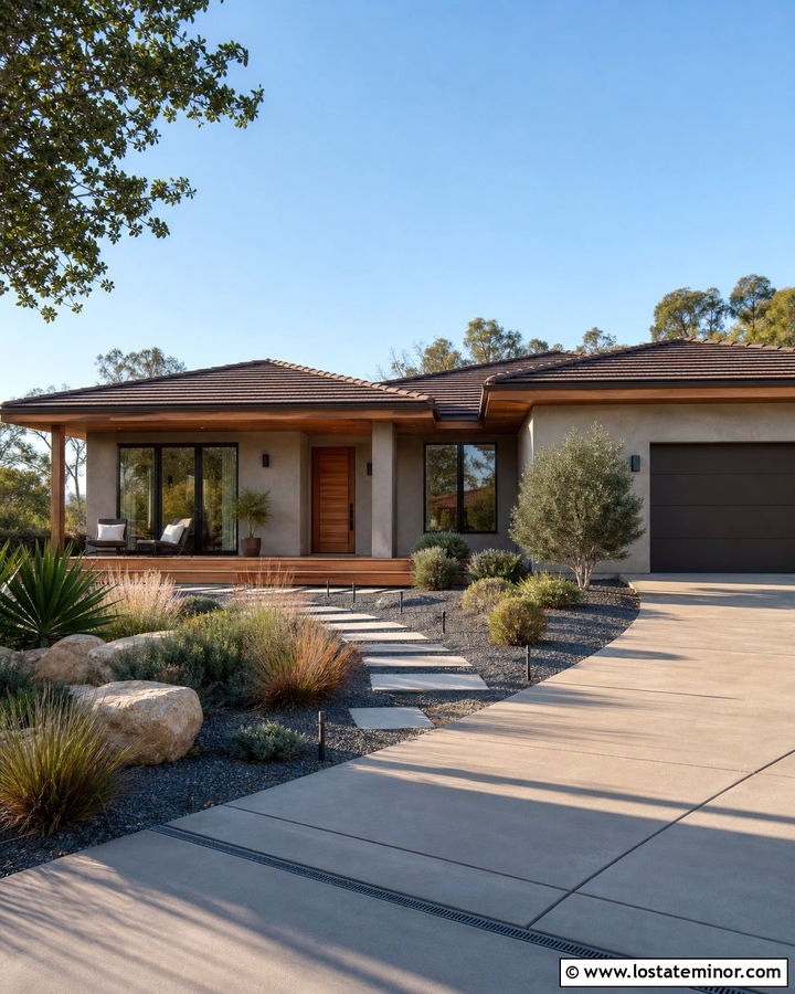Taupe Stucco House With Floating Deck - 30 Taupe House Design With Deck Ideas