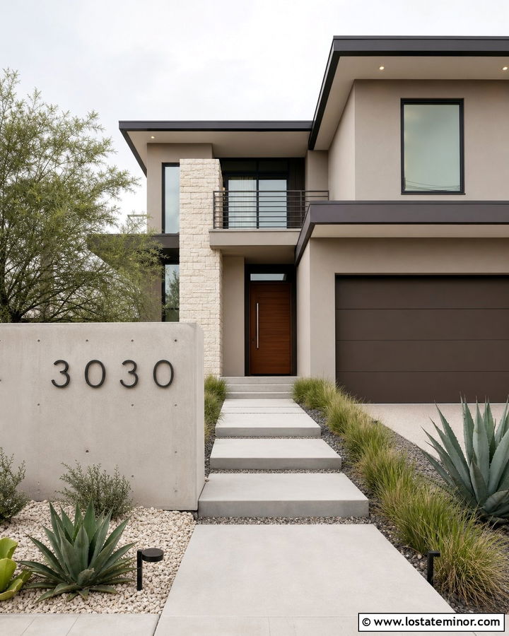 Taupe Stucco House With Recessed Numbers - 30 Taupe House Design With House Numbers Ideas