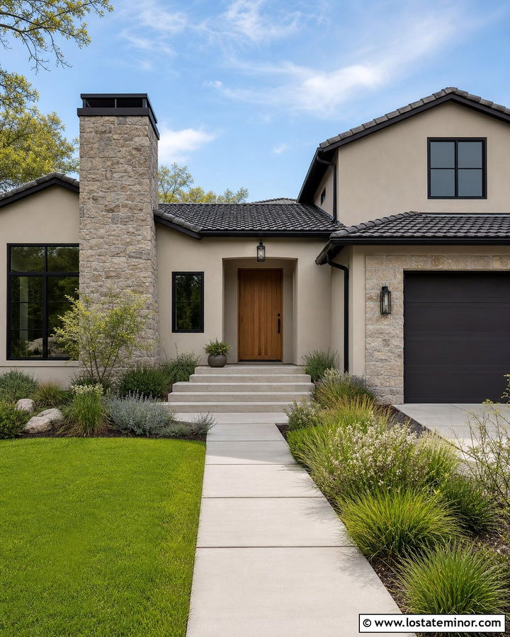 Taupe Stucco House With Stone Chimney - 30 Taupe House Design With Chimney Ideas