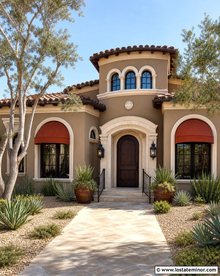 Taupe Stucco House With Terracotta Awnings - 30 Taupe House Design With Awning Ideas