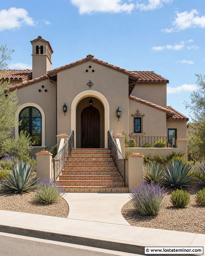 Taupe Stucco House With Terracotta Steps - 30 Taupe House Design With Steps Ideas