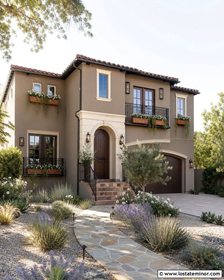 Taupe Stucco House With Terracotta Window Boxes - 30 Taupe House Design With Window Boxes Ideas