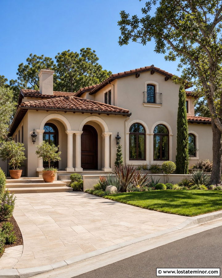 Taupe Stucco House With Tile Roof Portico - 30 Taupe House Design With Portico Ideas