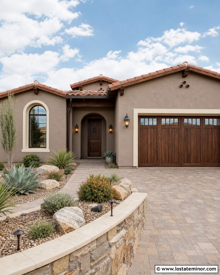 Taupe Stucco House With Wood Garage Door - 30 Taupe House Design With Garage Door Ideas