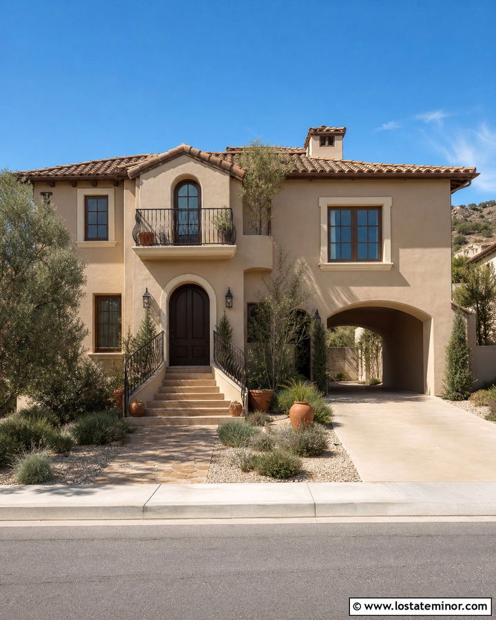 Taupe Stucco House With Wrought Iron Railings - 30 Taupe House Design With Railings Ideas