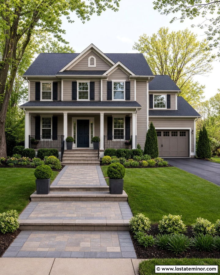 Taupe Suburban House With Paver Steps - 30 Taupe House Design With Steps Ideas