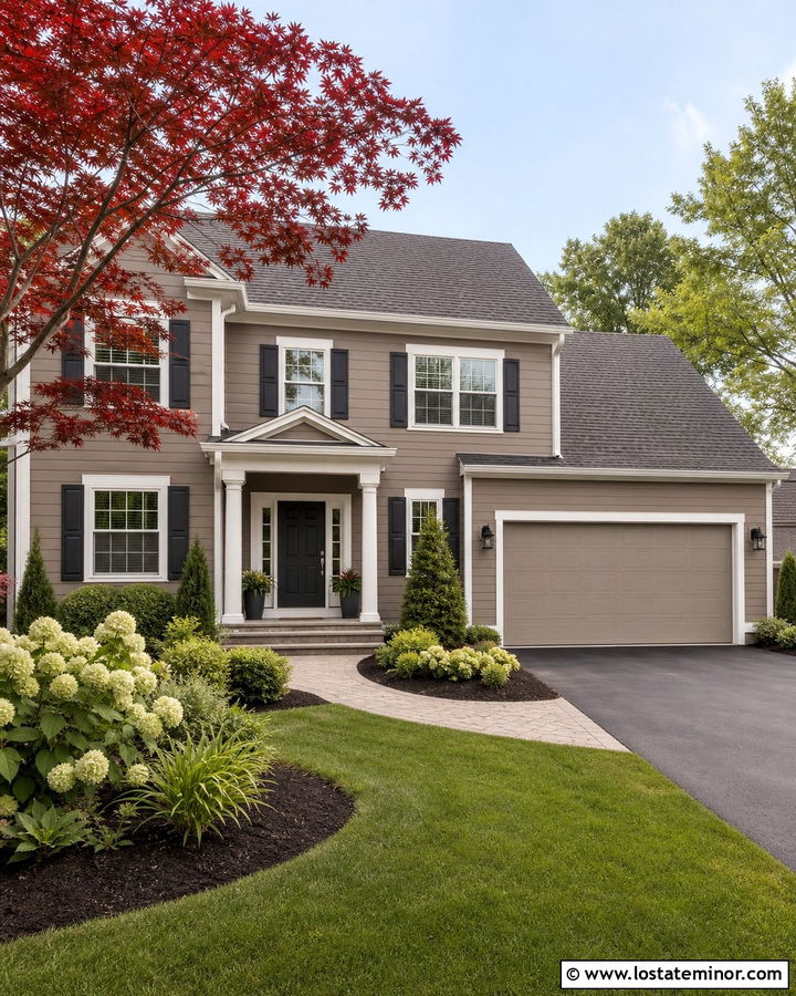 Taupe Suburban House With Red Maple Tree - 30 Taupe House Design With Front Yard Ideas