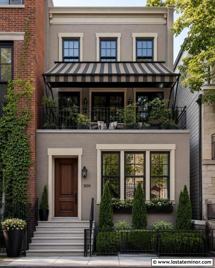 Taupe Townhouse With Retractable Patio Awnings - 30 Taupe House Design With Awning Ideas