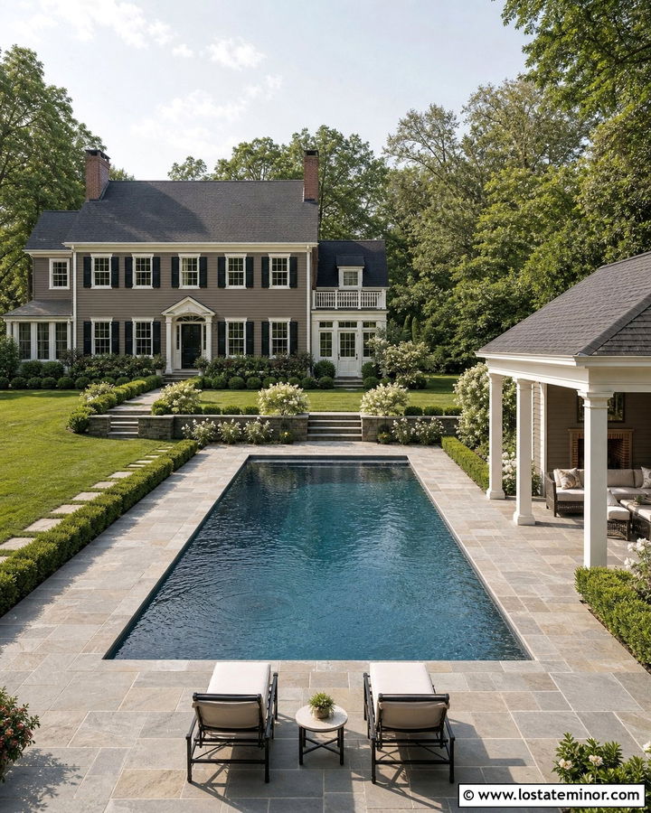 Taupe Traditional House With Pool Pavilion - 30 Taupe House Design With Swimming Pool Ideas