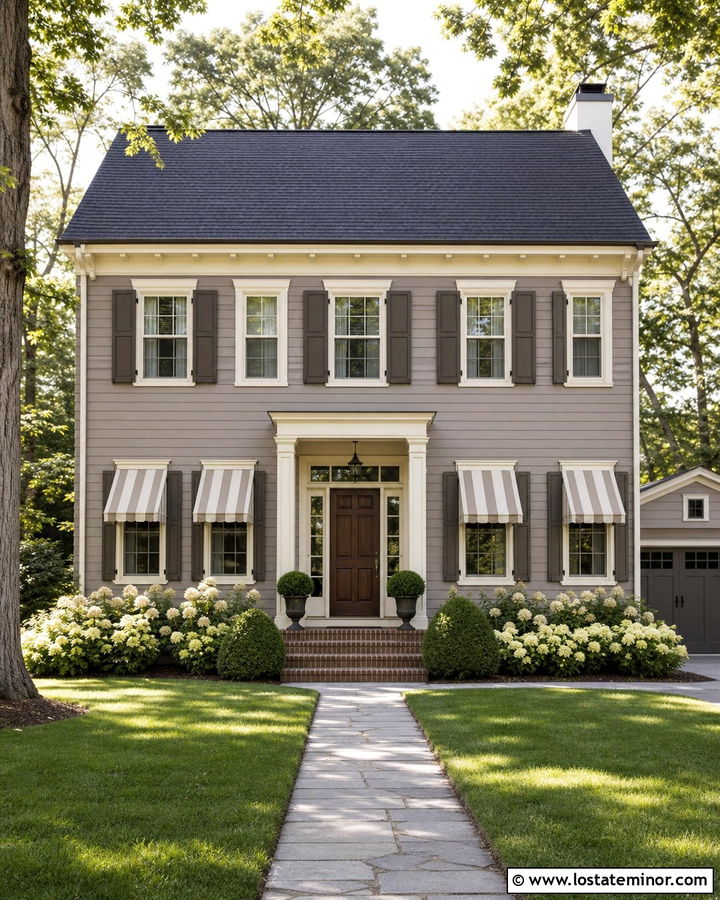 Taupe Traditional House With Taupe Striped Awnings - 30 Taupe House Design With Awning Ideas