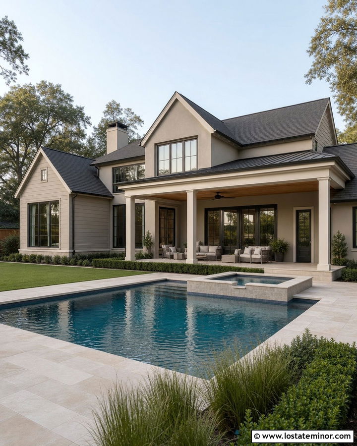 Taupe Transitional House With Pool And Spa - 30 Taupe House Design With Swimming Pool Ideas
