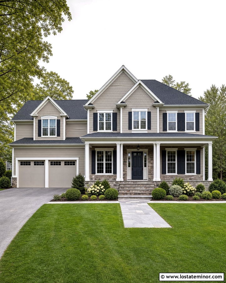 Taupe Transitional House With Soft White Window Frames - 30 Taupe House Design With Window Frames Ideas